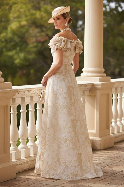 Champagne Off Shoulder Floral Neckling Column Gown