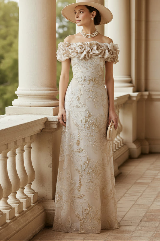 Champagne Off Shoulder Floral Neckling Column Gown