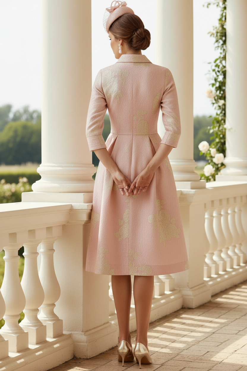 Pink Boknot Floral Jacquard Shirt Waist Mother of the Bride Dress