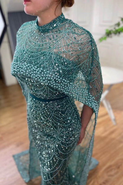 High Neck Sheath Pearls Prom Dresses With Cape Long Sequins Beads