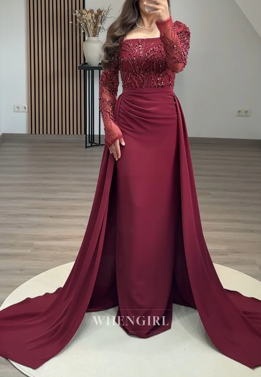 Burgundy Square Neck Long Sleeves Beaded Pleats Column Formal Party Dress with Removable Train