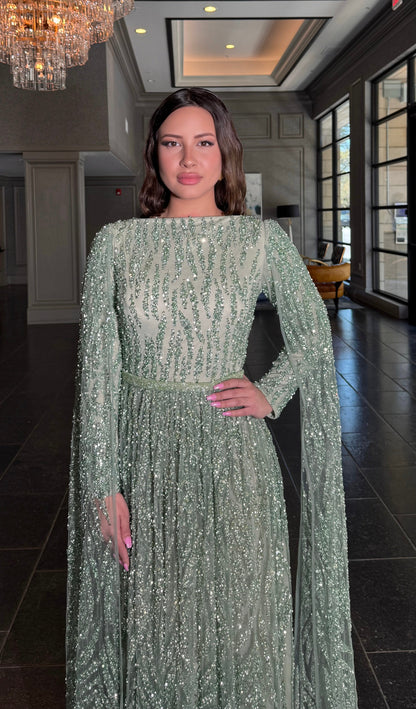 Bateau Neck A-Line Embellished Cape Sleeve Dress