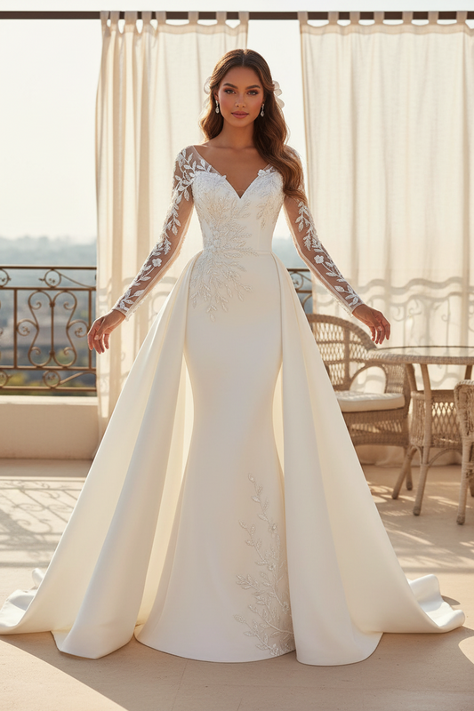 Satin Mermaid Long Sleeves Appliques Wedding Dress with Court Train