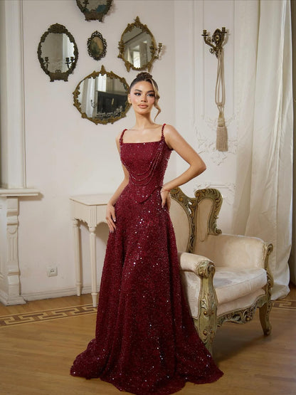 Burgundy Dazzling Spaghetti-Straps Beaded Sleeveless Pleated Prom Dress