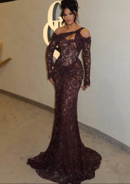 Brown One Shoulder Applique Mermaid Evening Gown