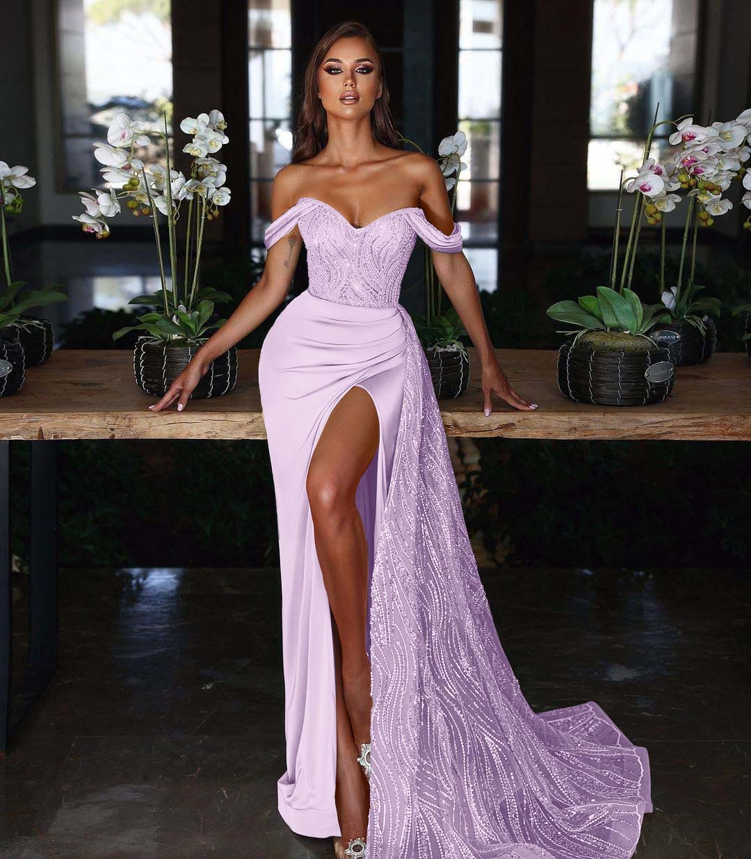 Light Blue Off the Shoulder Mermaid Evening Dress Long Split With Sequins