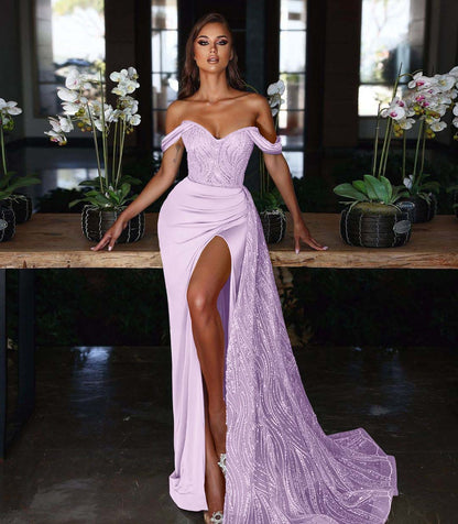 Light Blue Off the Shoulder Mermaid Evening Dress Long Split With Sequins