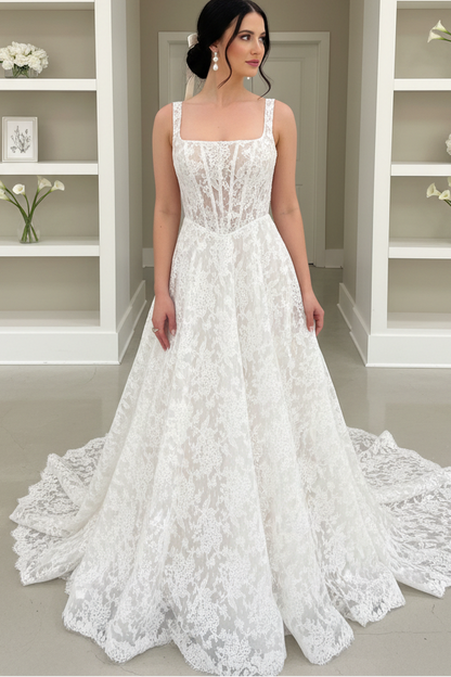 Gorgeous A Line Square Neck Lace Wedding Dress