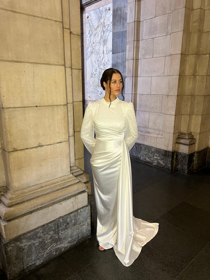 Simple High Neck Long Sleeves Ruched Sheath Wedding Dress