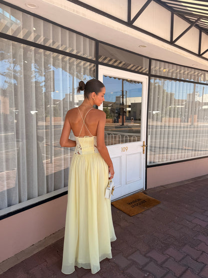 Yellow Spaghetti Straps Sleeveless Chiffom Hem Prom Dress