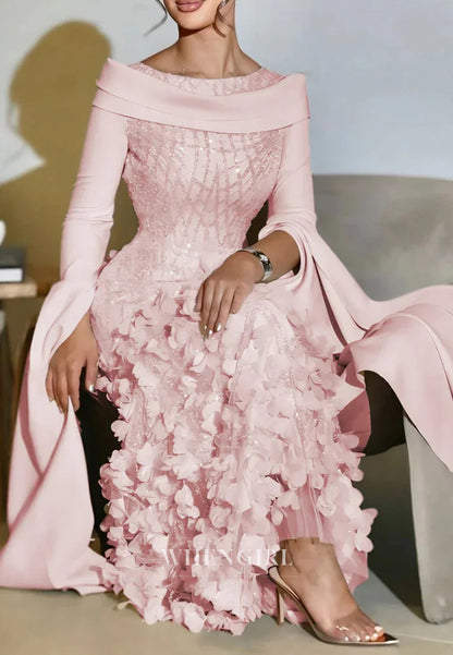 Column Bateau Neck Long Sleeves Floral Beaded Evening Formal Dress