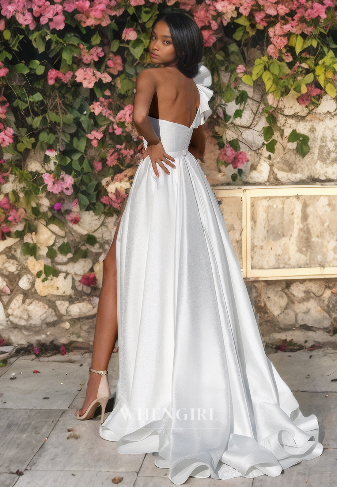 A-Line One Shoulder Sleeveless Pleated Ruffles Long Wedding Dress with High Side Slit and Train