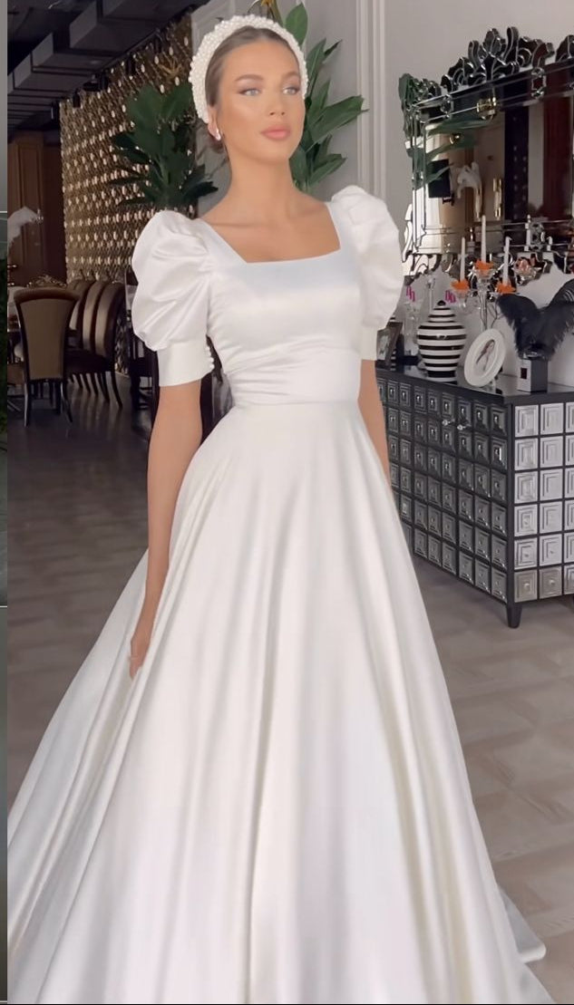 A Line Satin White Long Wedding Dress Princess Bridal Gown