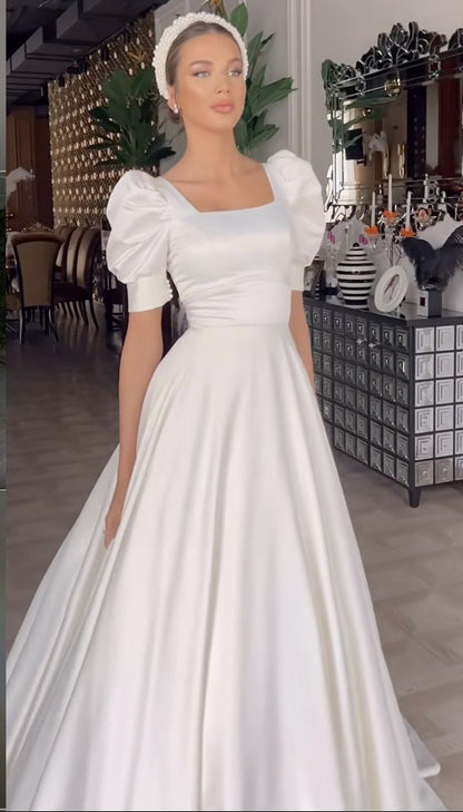 A Line Satin White Long Wedding Dress Princess Bridal Gown
