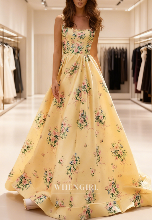 Daffodil Beaded Square Neck Sleeveless Floral Prom Dress