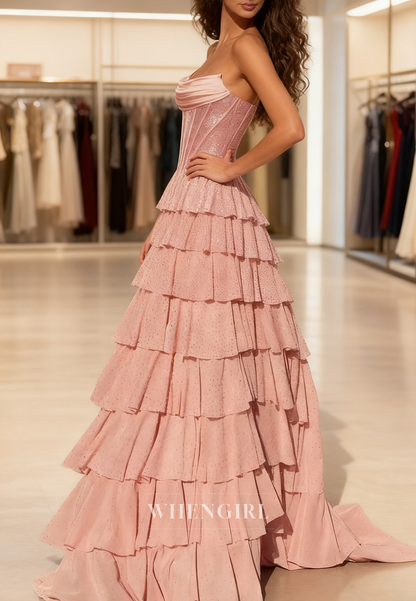 A-Line Pink Sleeveless Pleated Multi Tiered Ruffles Lace Up Prom Dress