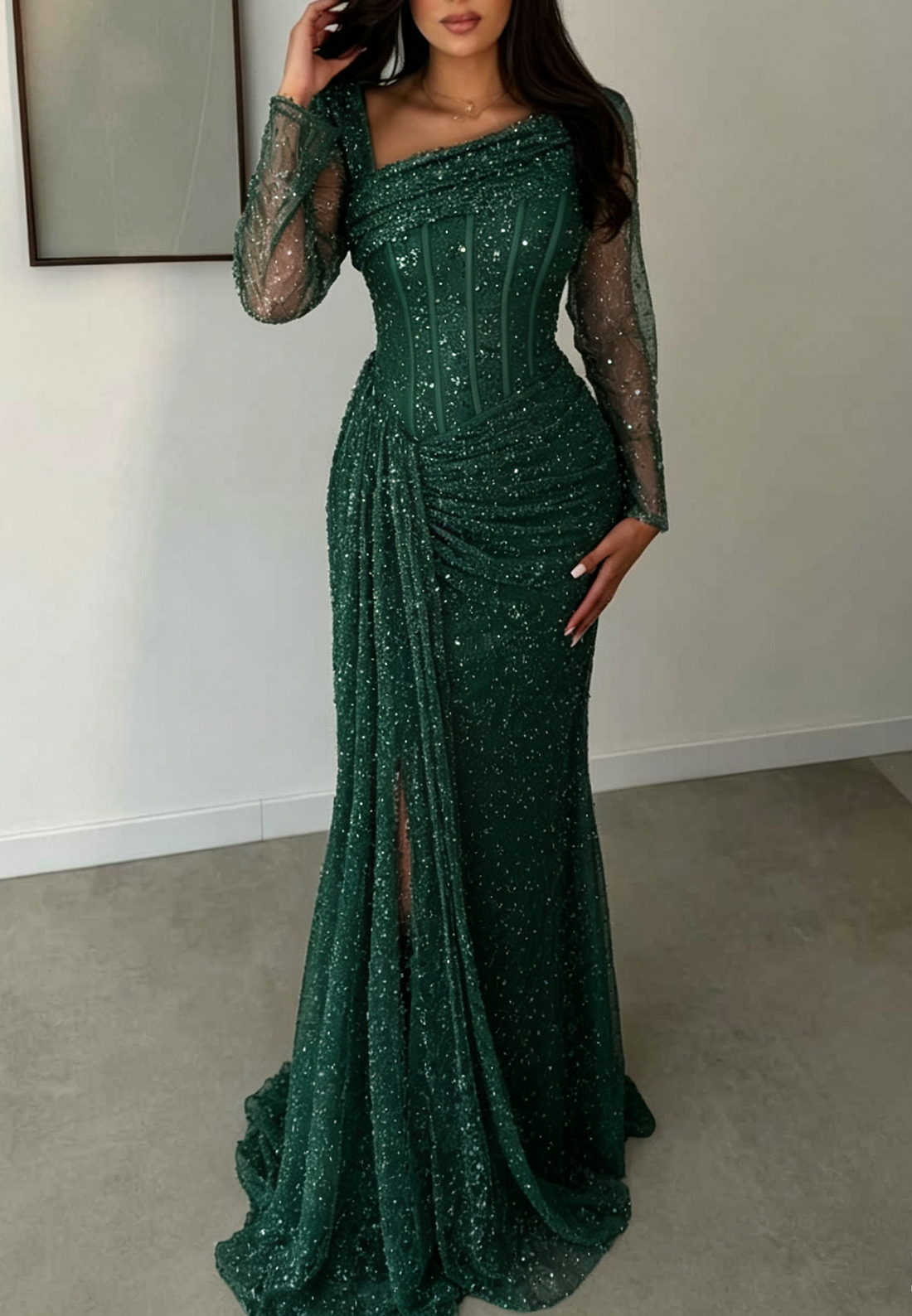 Asymmetrical Corset Beaded Long Sleeve Evening Gown with Slit