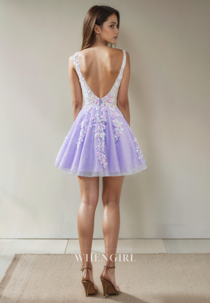 A-Line V Neck Straps Tulle Appliques Back Zipper Short Homecoming Dress