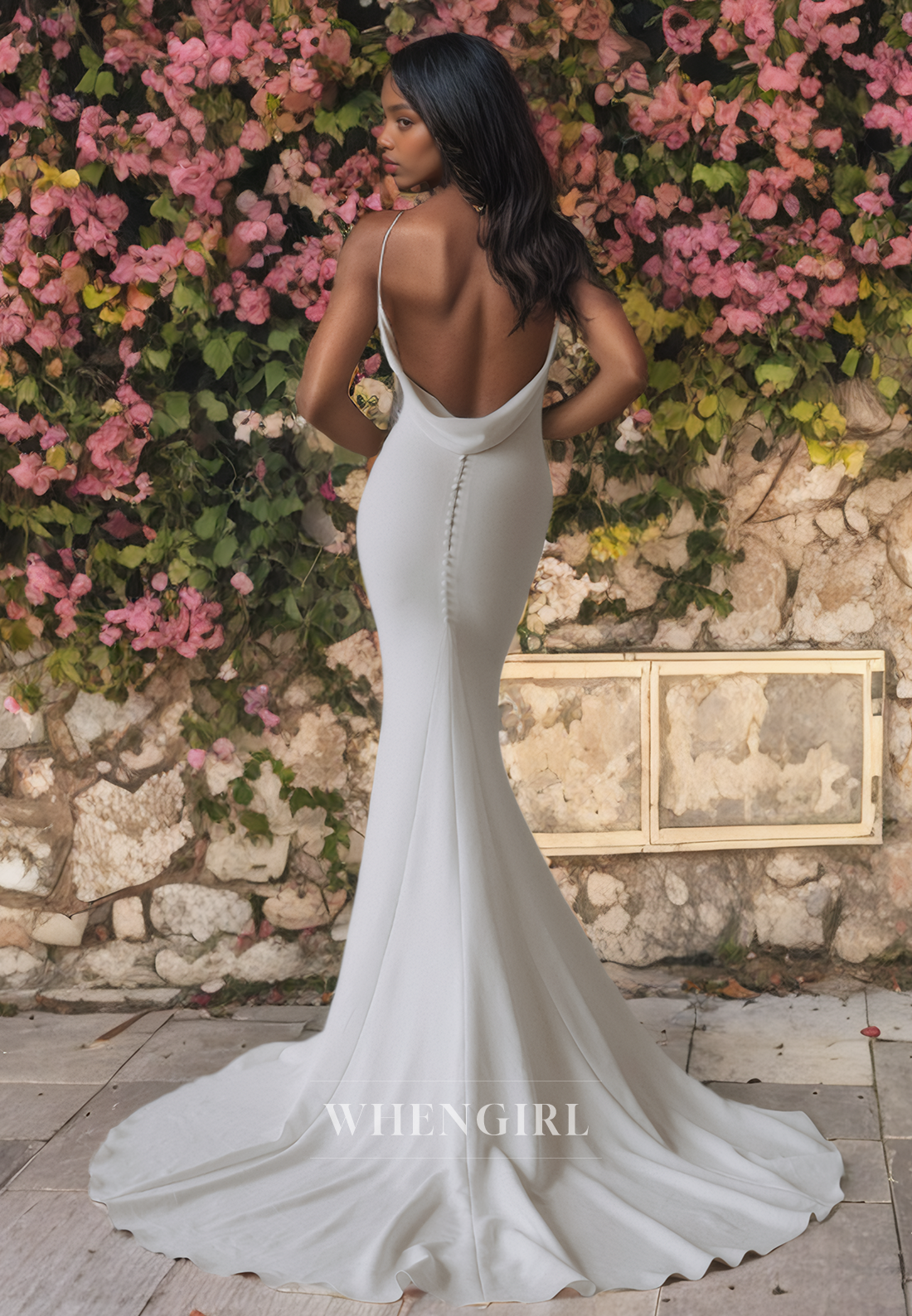 Mermaid V Neck Straps Sleeveless Open Back Satin Wedding Dress with Train