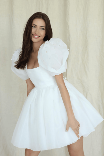 Yuna | A-Line Square-Neck Short Wedding Dress With Puffy Pearls Sleeves