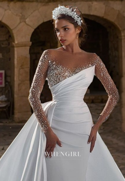 Mermaid Strapless Long Sleeves Pleated Beaded Wedding Dress with Train