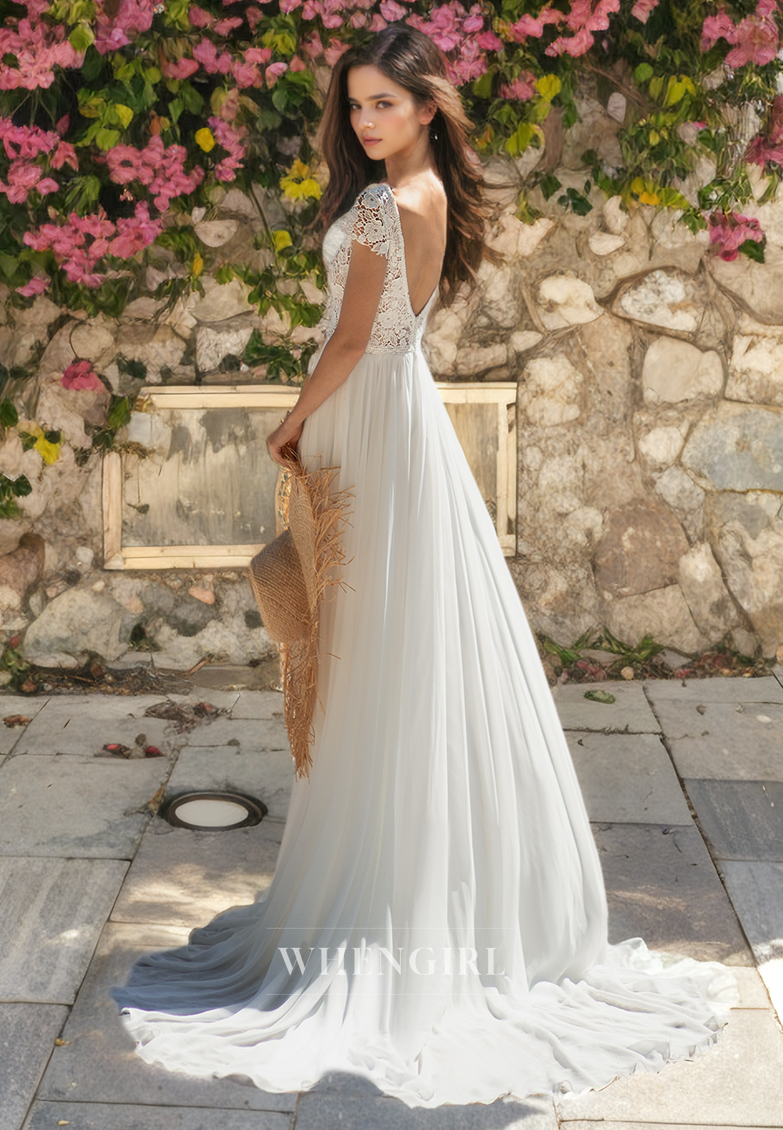 A-Line V Neck Cap Sleeves Lace Appliques Chiffon Wedding Dress with High Side Slit and Train