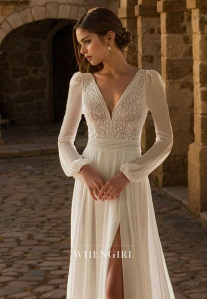 Elegant A-Line V Neck Long Sleeves Lace Chiffon Wedding Dress