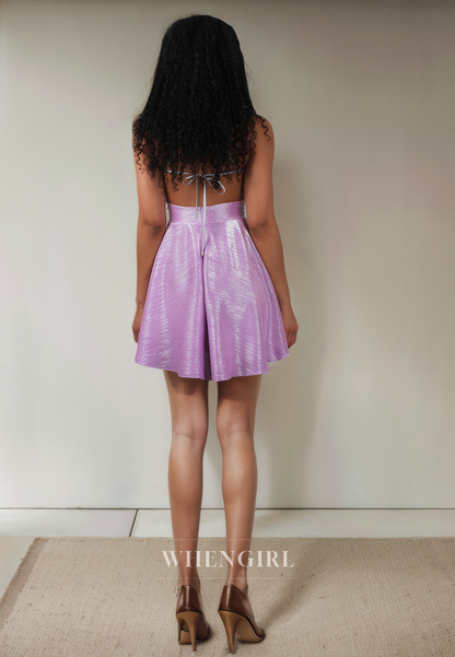 A-Line V Neck Straps Sleeveless Pleated Back Zipper Hmecoming Dress