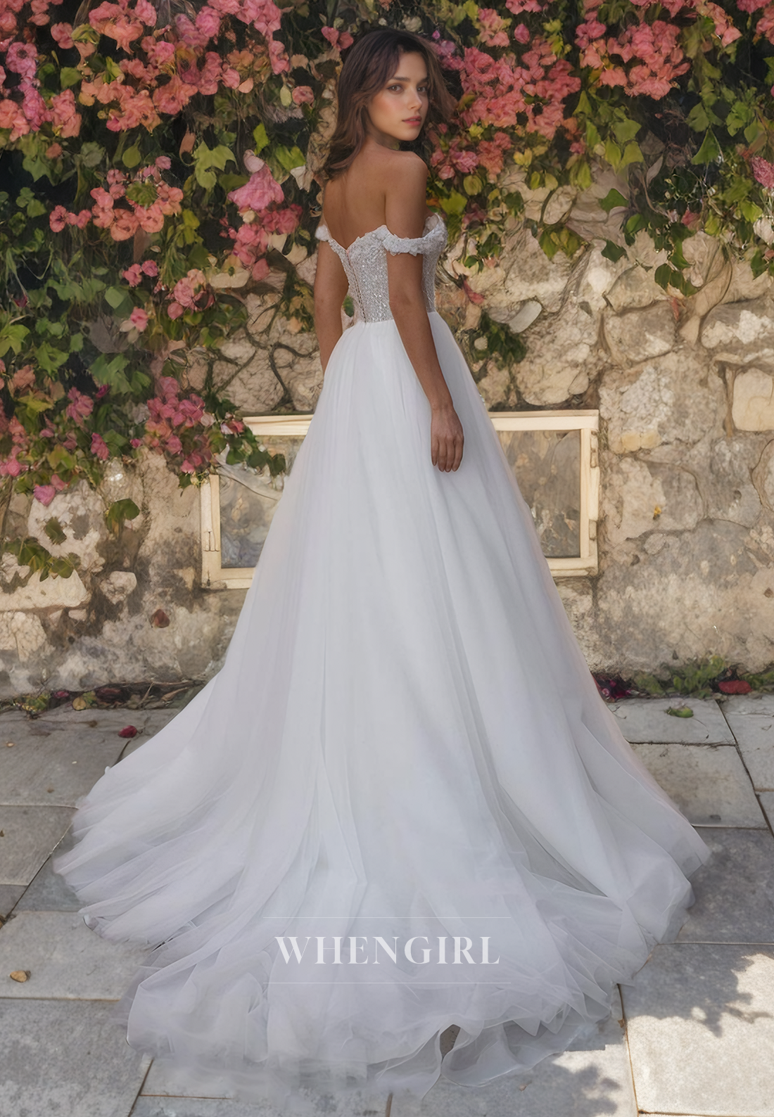 A-Line Off Shoulder Sleeveless Beaded Lace Appliques Tulle Wedding Dress