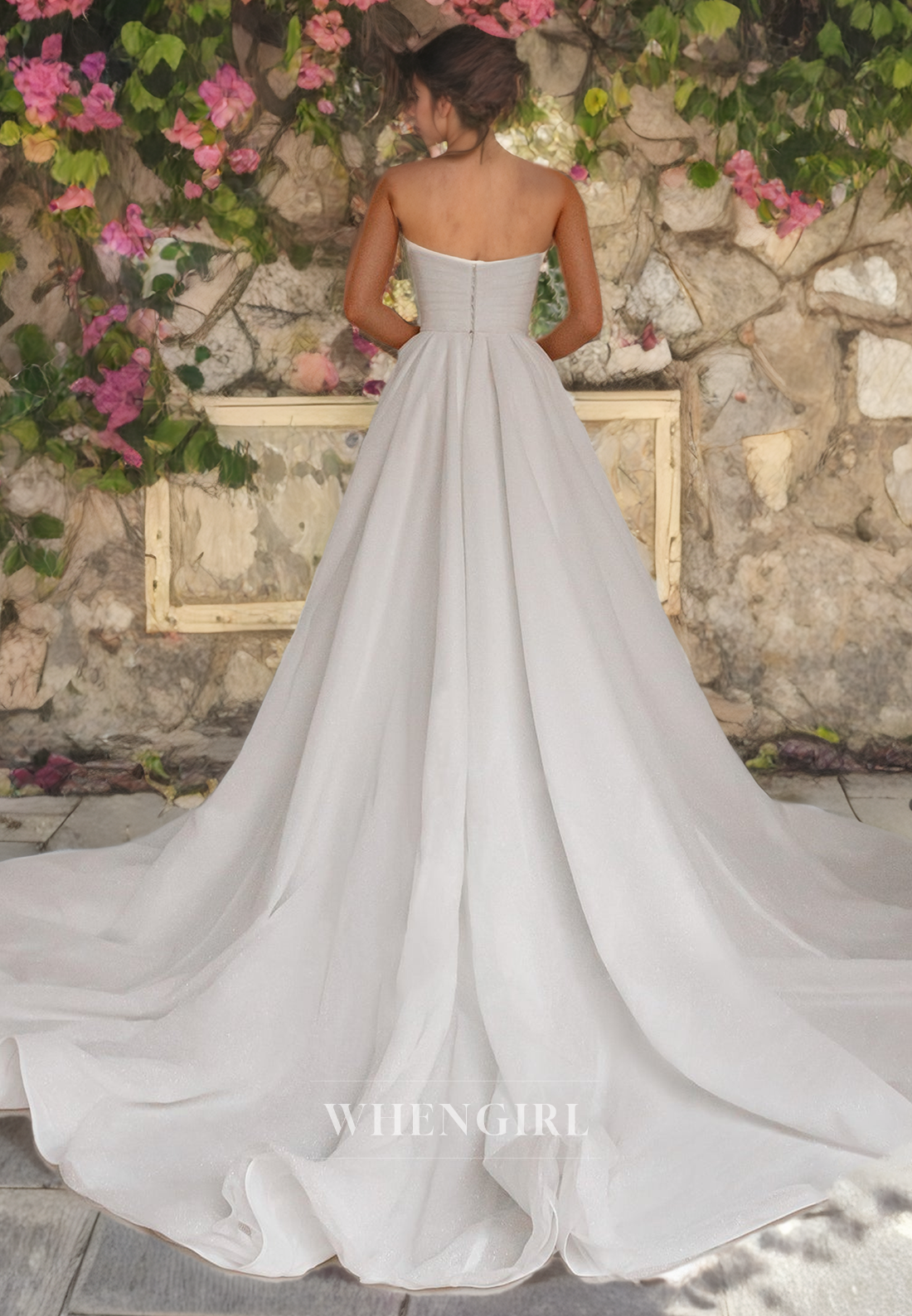 A-Line Strapless Sleeveless Pleated Satin Wedding Dress with High Side Slit and Train