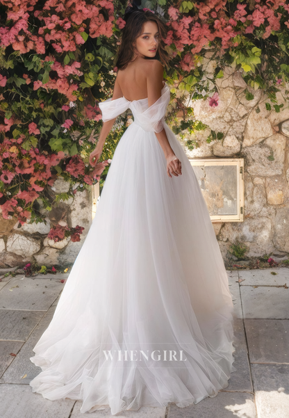 A-Line Off Shoulder Sleeveless Beaded Pleated Long Tulle Wedding Dress with Train