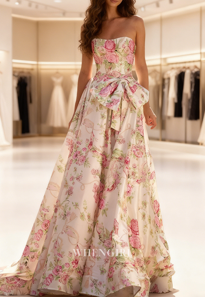 A-Line Tube Top Bowknot Sleeveless Floral Back Zipper Prom Dress