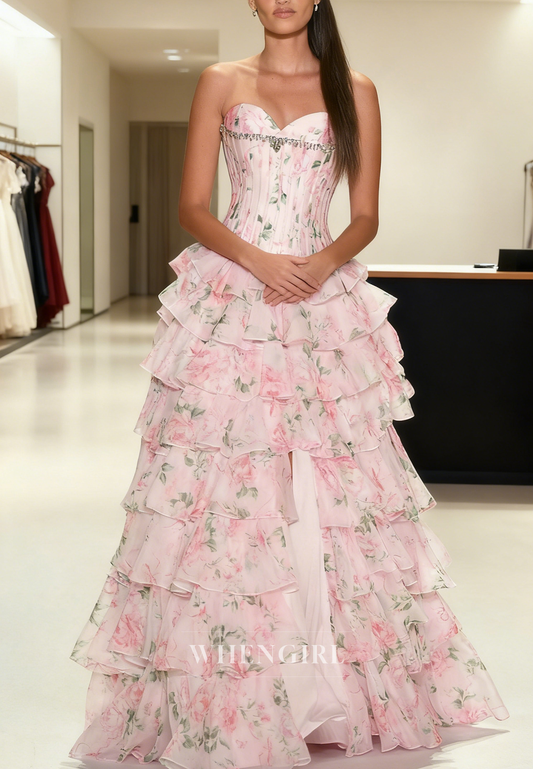 Light Pink Sweetheart Sleeveless Ruffles Side Slit Lace Up Prom Dress