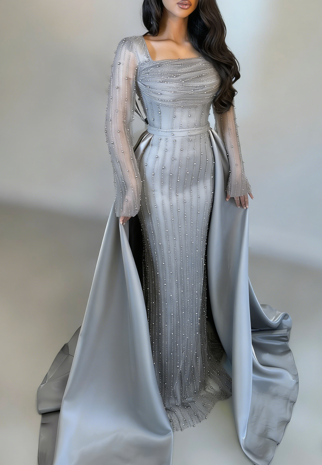 Sheath Square Neck Long Sleeves Beaded Sweep Train Evening Dress