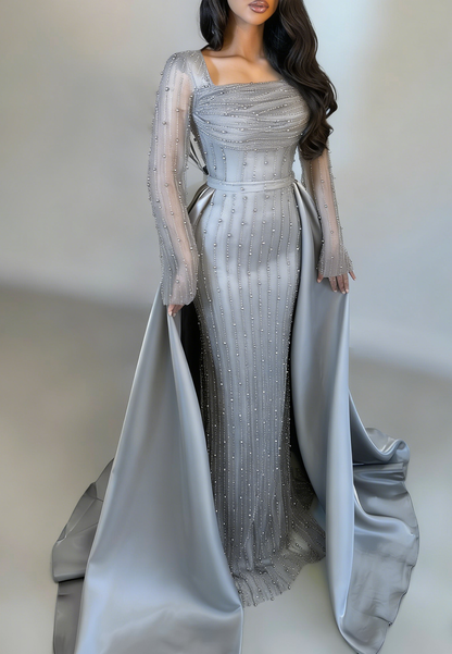 Sheath Square Neck Long Sleeves Beaded Sweep Train Evening Dress