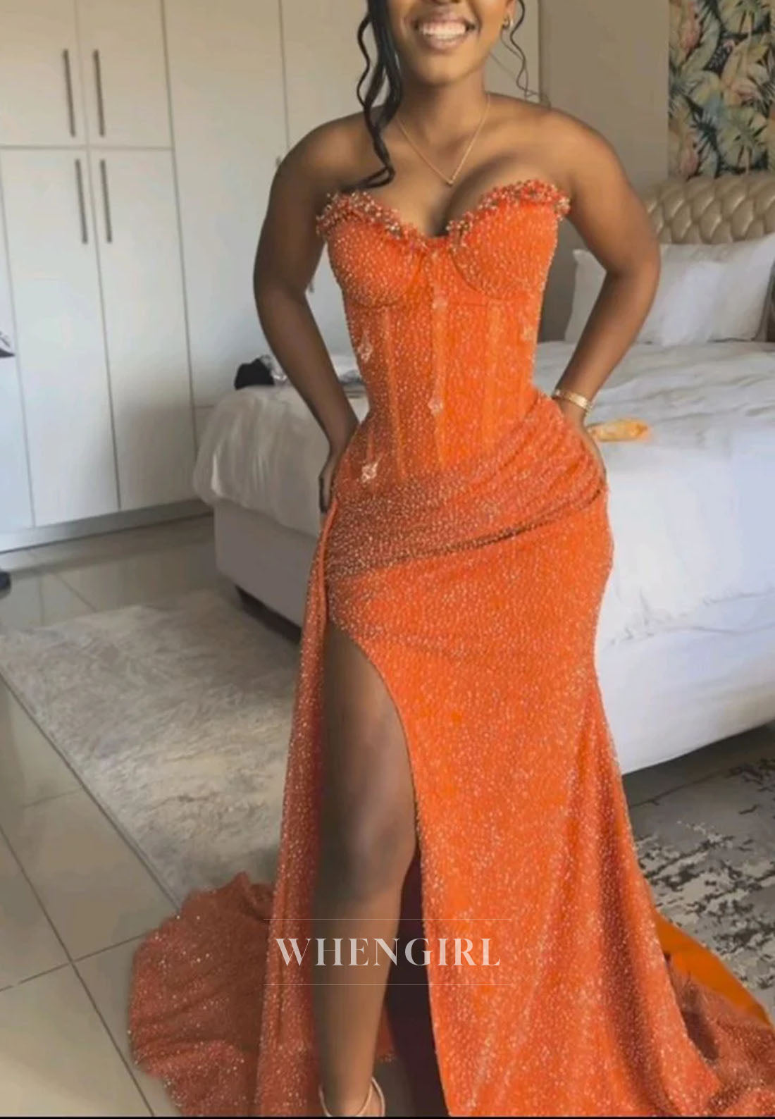 Orange Sweetheart Beaded Rhinestones Sleeveless Side Slit Pleated Mermaid Prom Dress