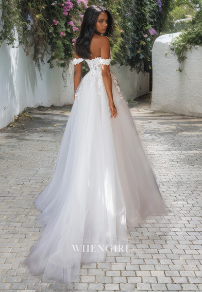 A-Line Off Shoulder Sleeveless Appliques Tulle Boho Wedding Dress with High SIde Slit and Train