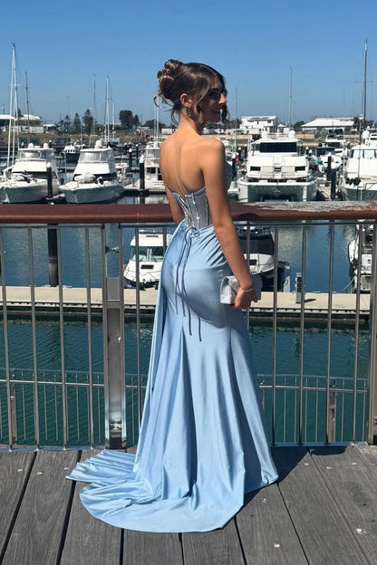 Charming Mermaid Sweetheart Blue Satin Prom Dress with Slit