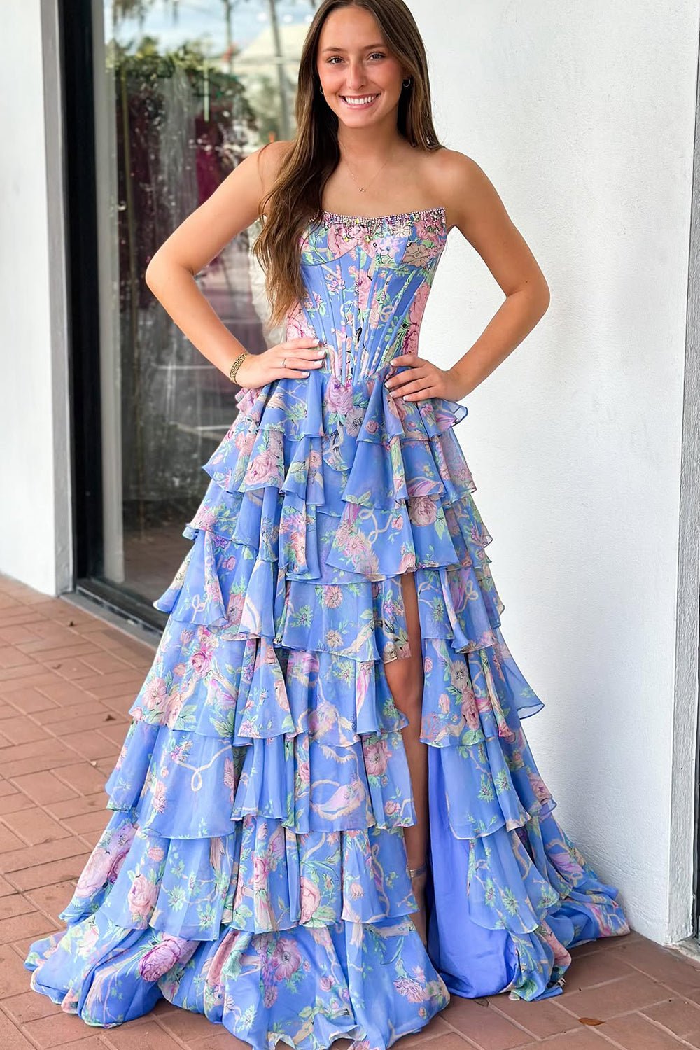 Fashion A Line Scoop Neck Floral Chiffon Prom Dress with Beading