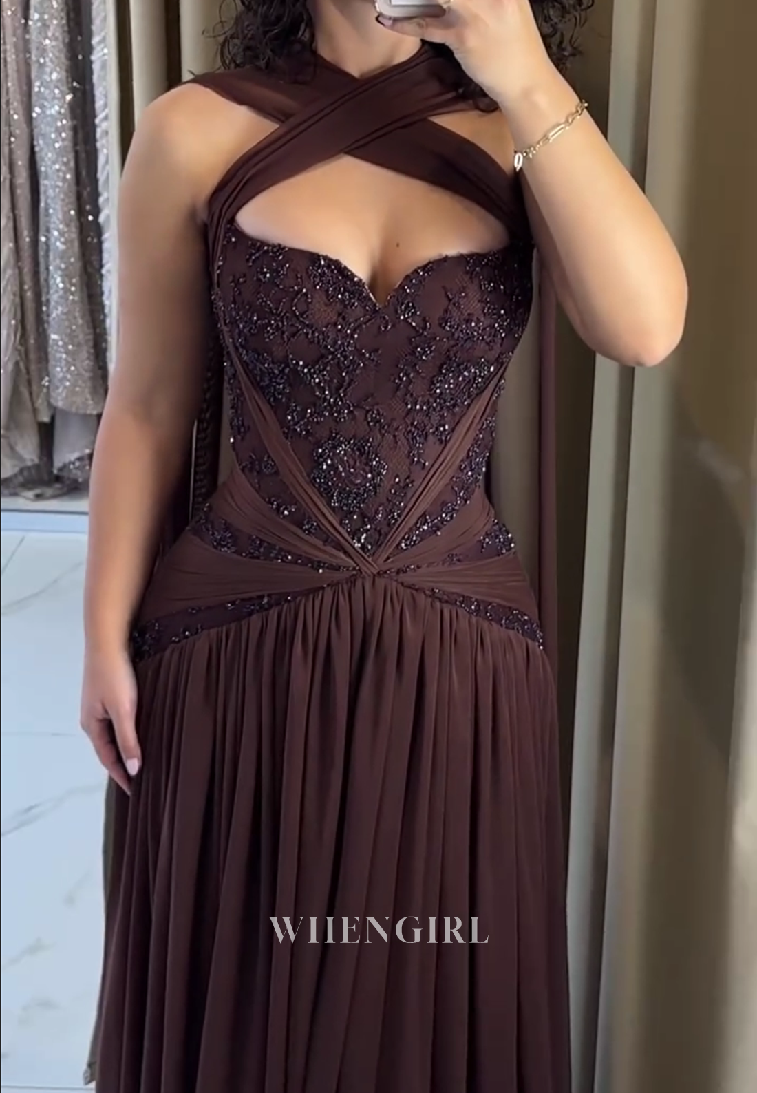Chocolate Cross Neck Sleeveless Beaded Pleated Column Evening Formal Dress