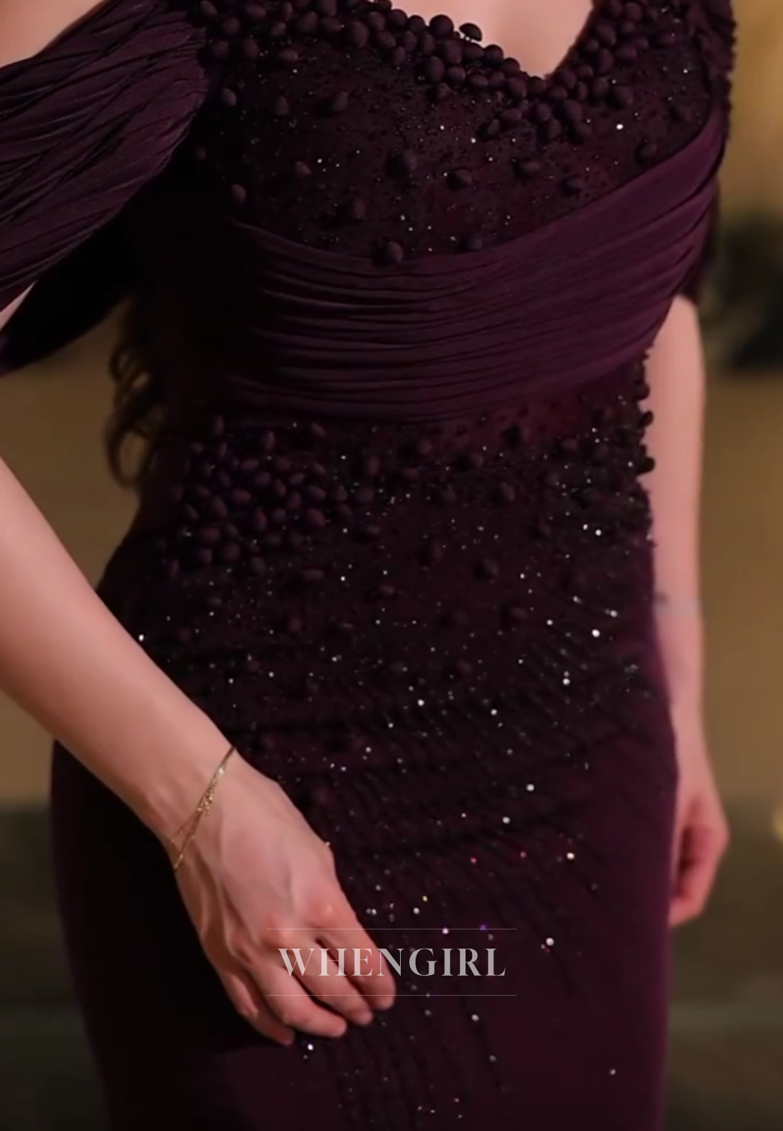 Raspberry Off Shoulder Beaded Mermaid Long Formal Evening Dress with Side Slit