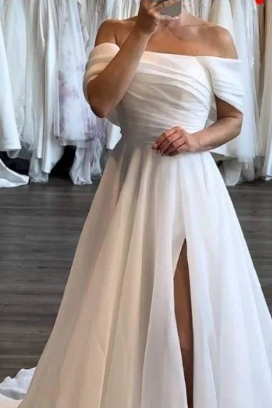 A-Line Off The Shoulder Organza Bridal Gown With Slit