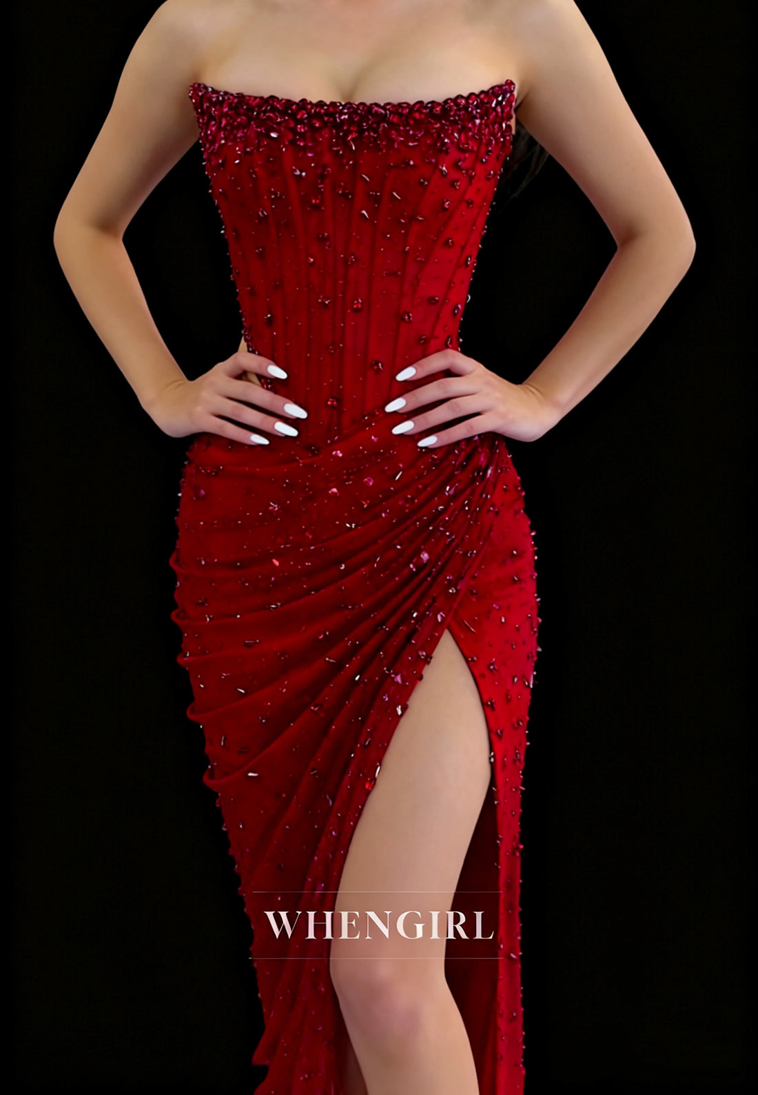 Sheath Full Beaded Strapless Sleeveless Pleated Side Slit Formal Prom Dress