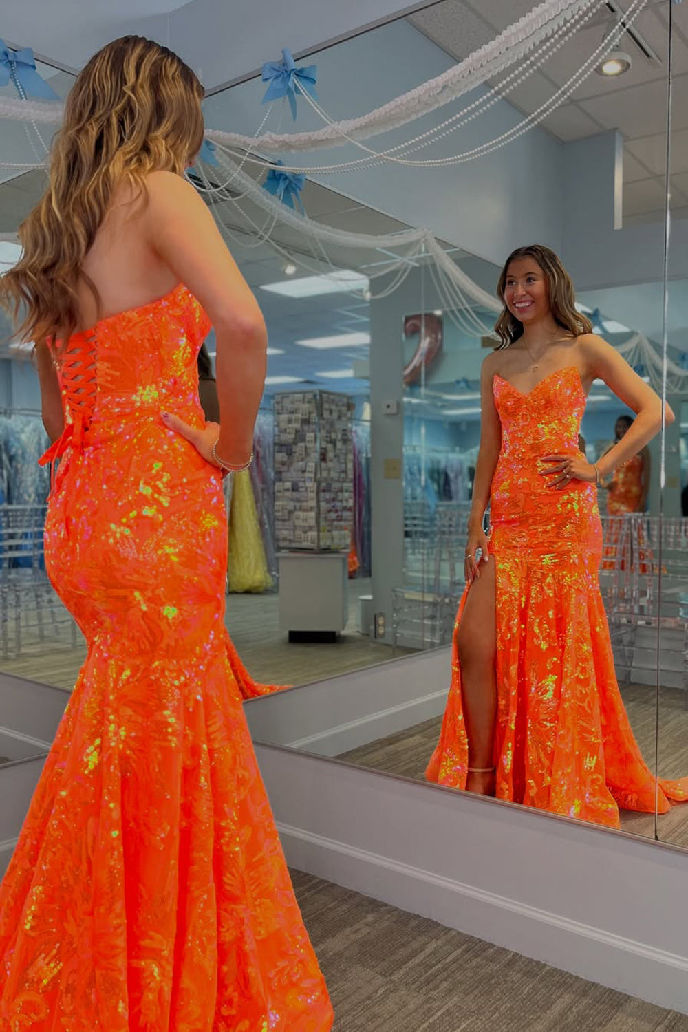 Cute Mermaid V Neck Orange Sequins Lace Long Prom Dress