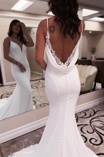Unique Mermaid V Neck Satin Wedding Dress with Appliques