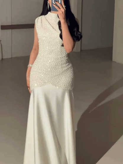 Elegant Sleeveless Formal Gown with Sparkling Beaded Bodice