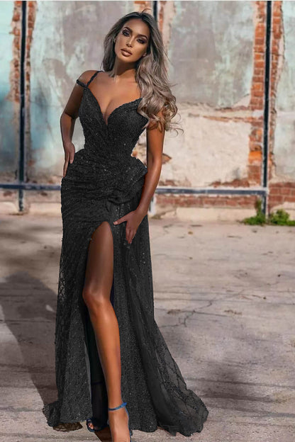 Royal Blue Off the Shoulder Sleeveless Evening Dress Mermaid Sequins With Split