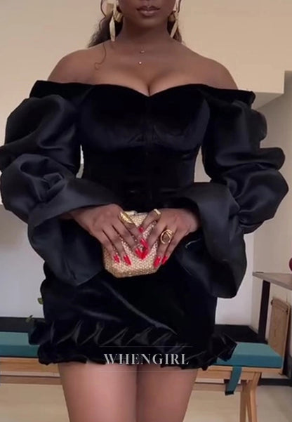 Black Off Shoulder Sheath Long Sleeves Lace Up Homecoming Dress