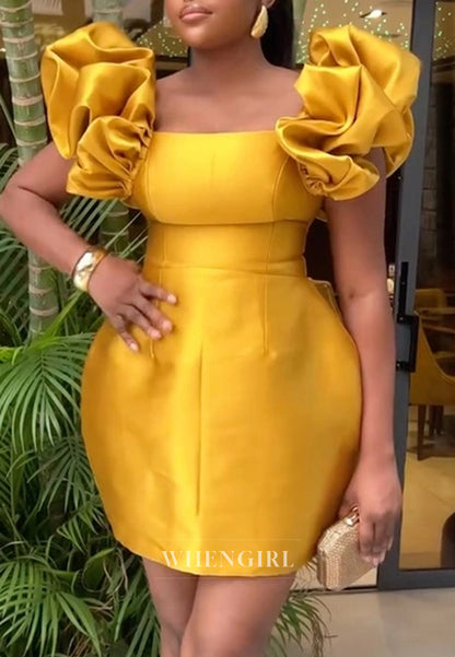 Marigold Square Neck Short Puff Sleeves Sheath Satin Homecoming Dress