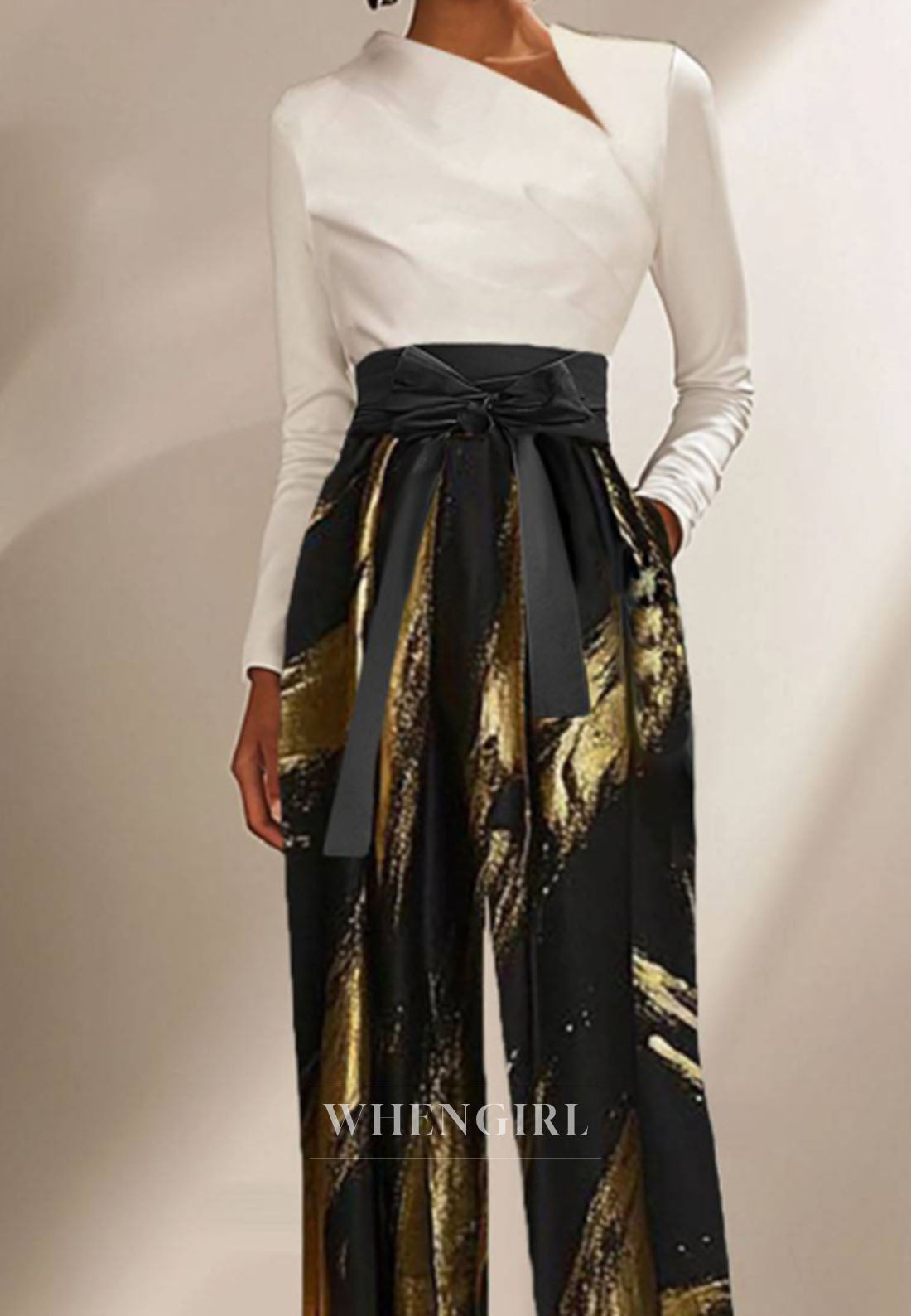 Glamorous Evening Jumpsuit Black Gold Metallic Bow Belt Jumpsuit